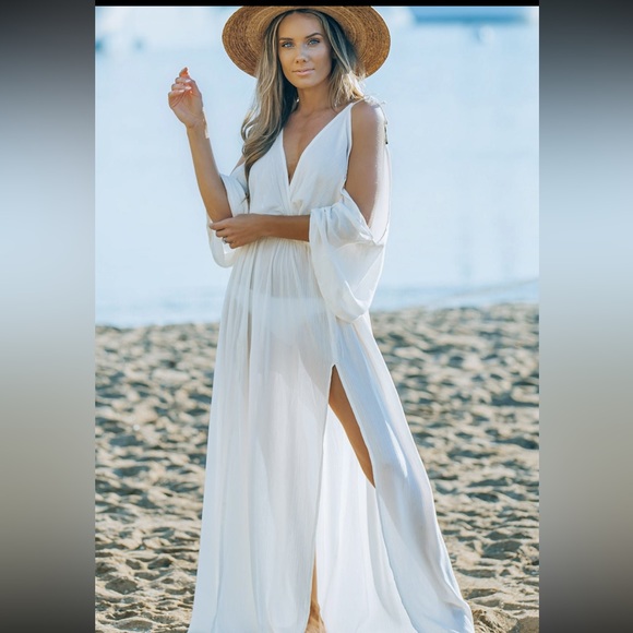 Cold Shoulder Maxi Beach Cover Up Dress Extra Large White EUC LIKE NEW - Picture 11 of 15